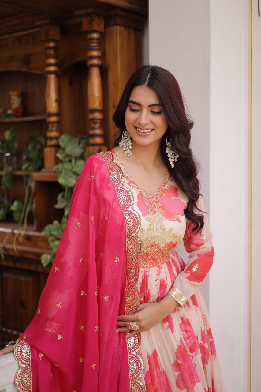 Beautiful Cream Floral Printed Silk Engagement Wear Anarkali Gown