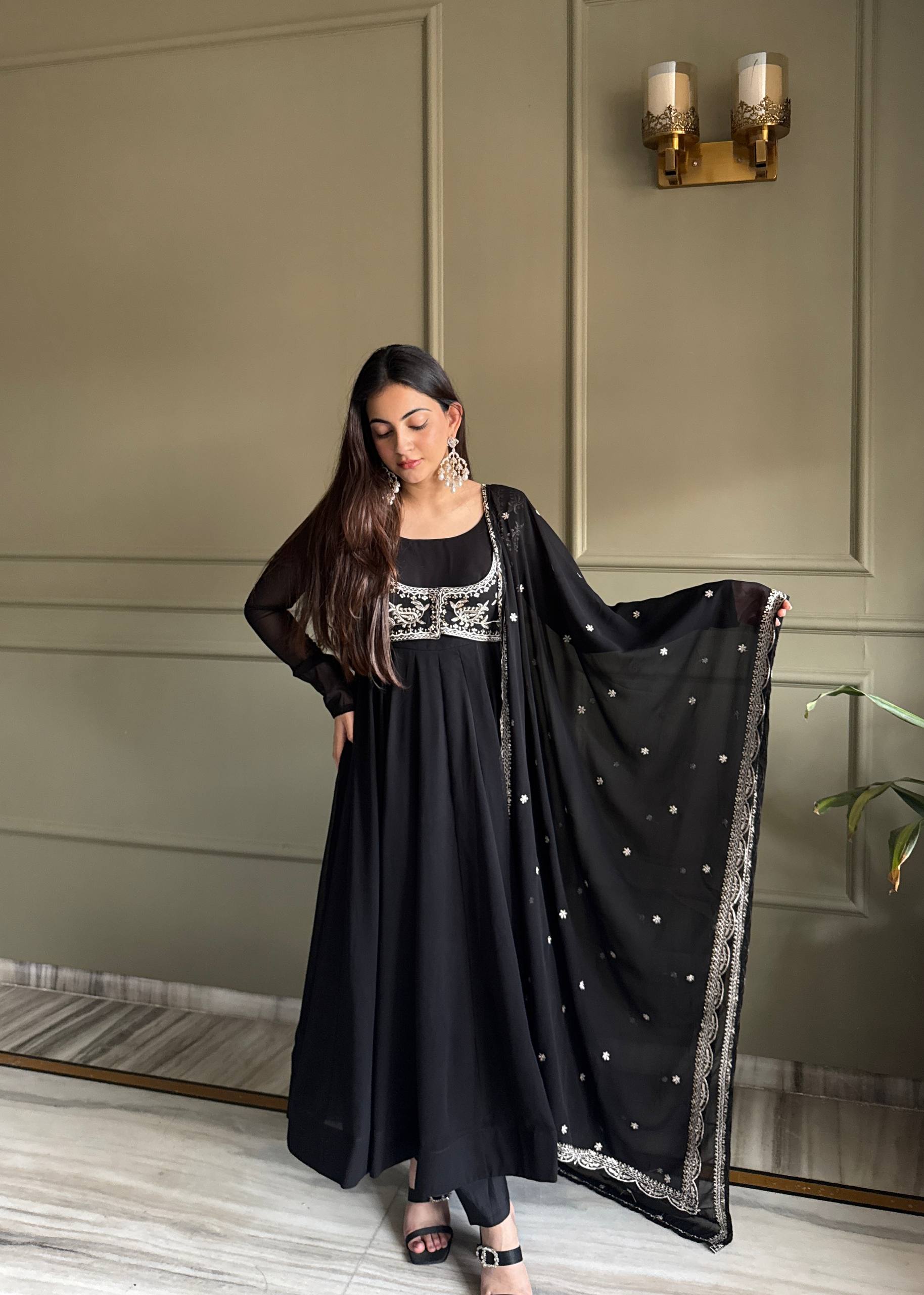 Black Color Faux Georgette Embroidered Anarkali Suit