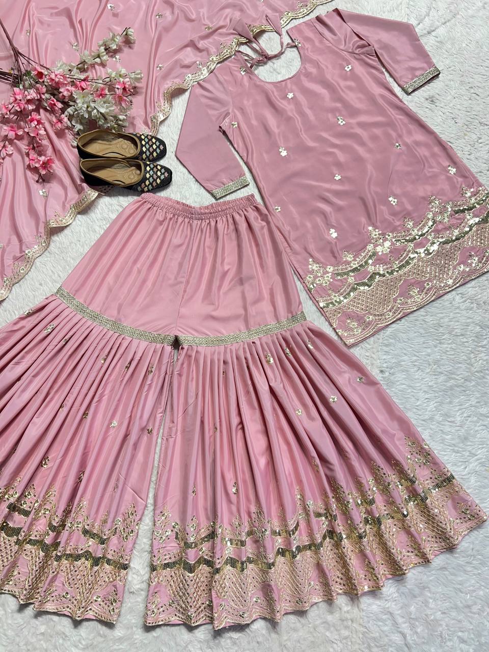 Pink Colour Heavy Faux Georgette 5mm Embroidery Sequence Work Sharara