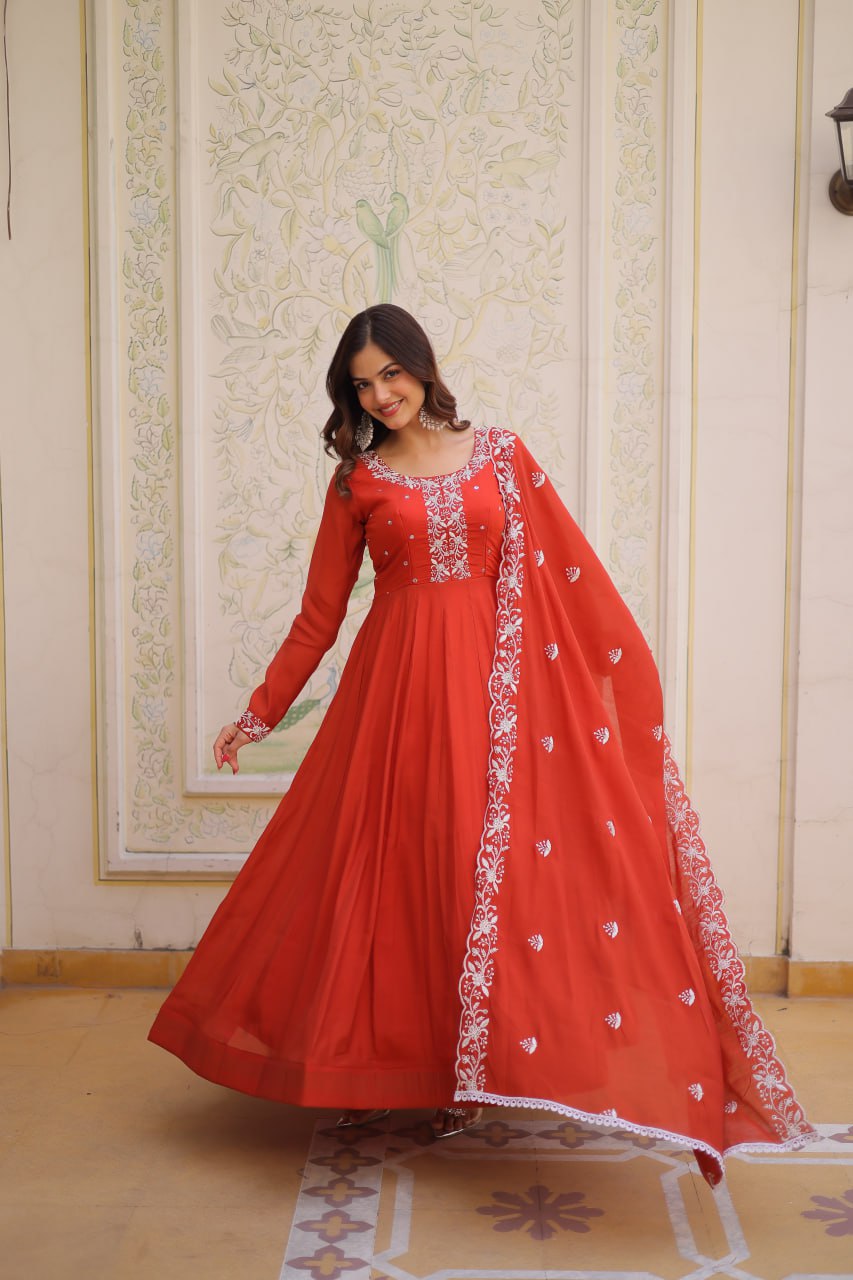 Sweet Rust Orange Bead Work Chanderi Wedding Wear Gown With Dupatta