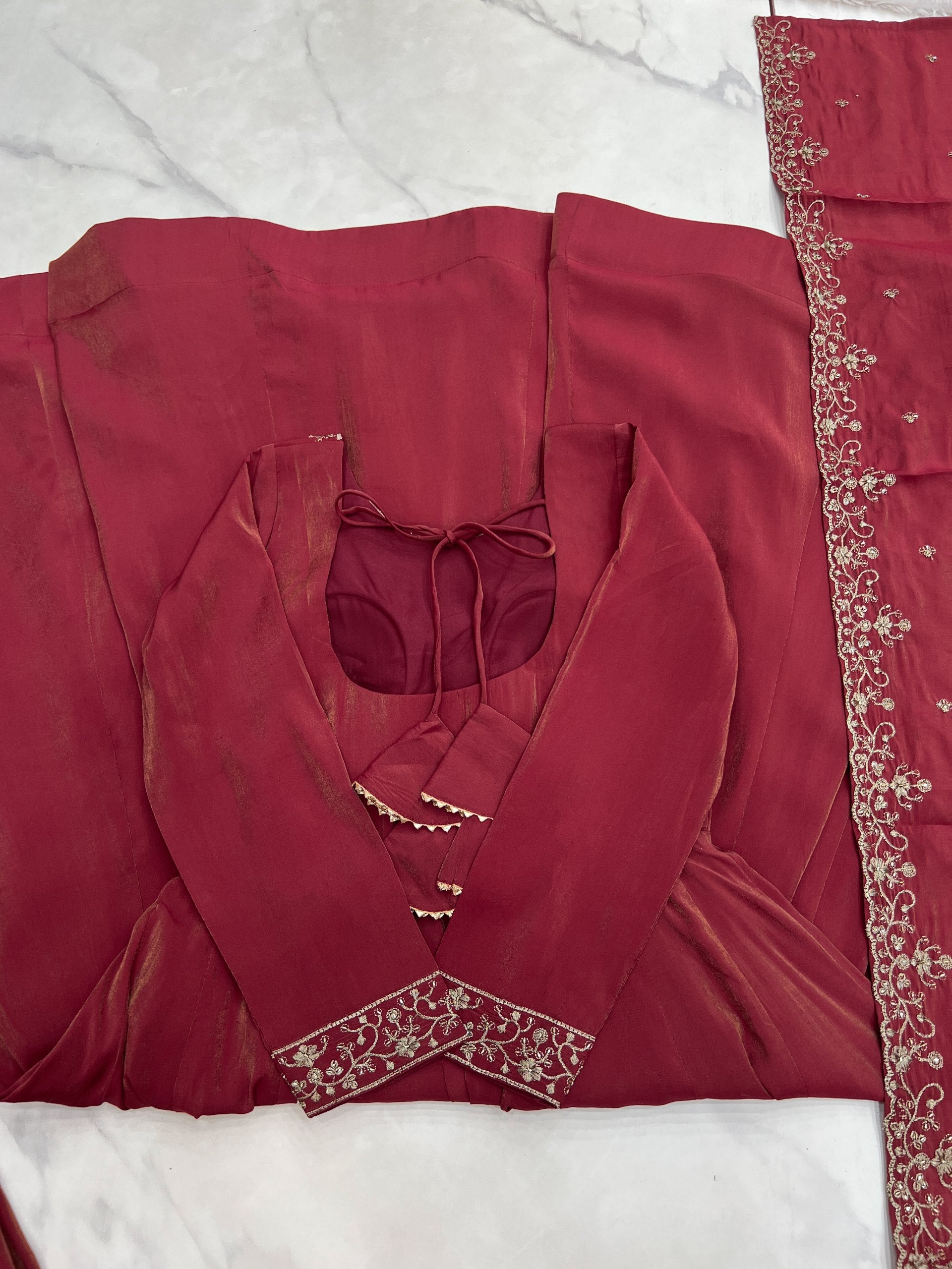 Maroon Chanderi Silk Anarkali Set with Handwork Beads