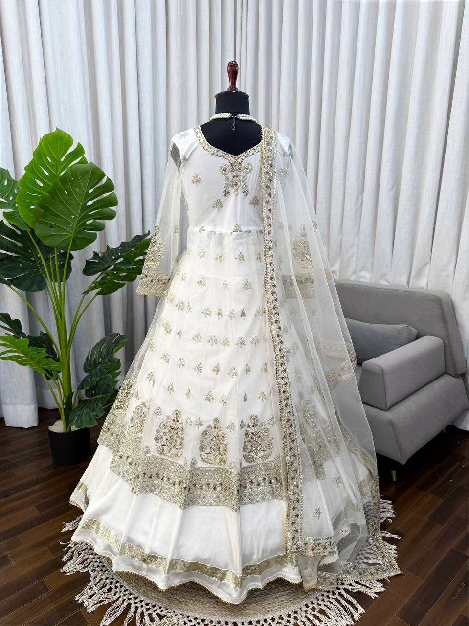 Stunning White Festive Wear Lehenga Gown With Gota Patti and Fancy Lace