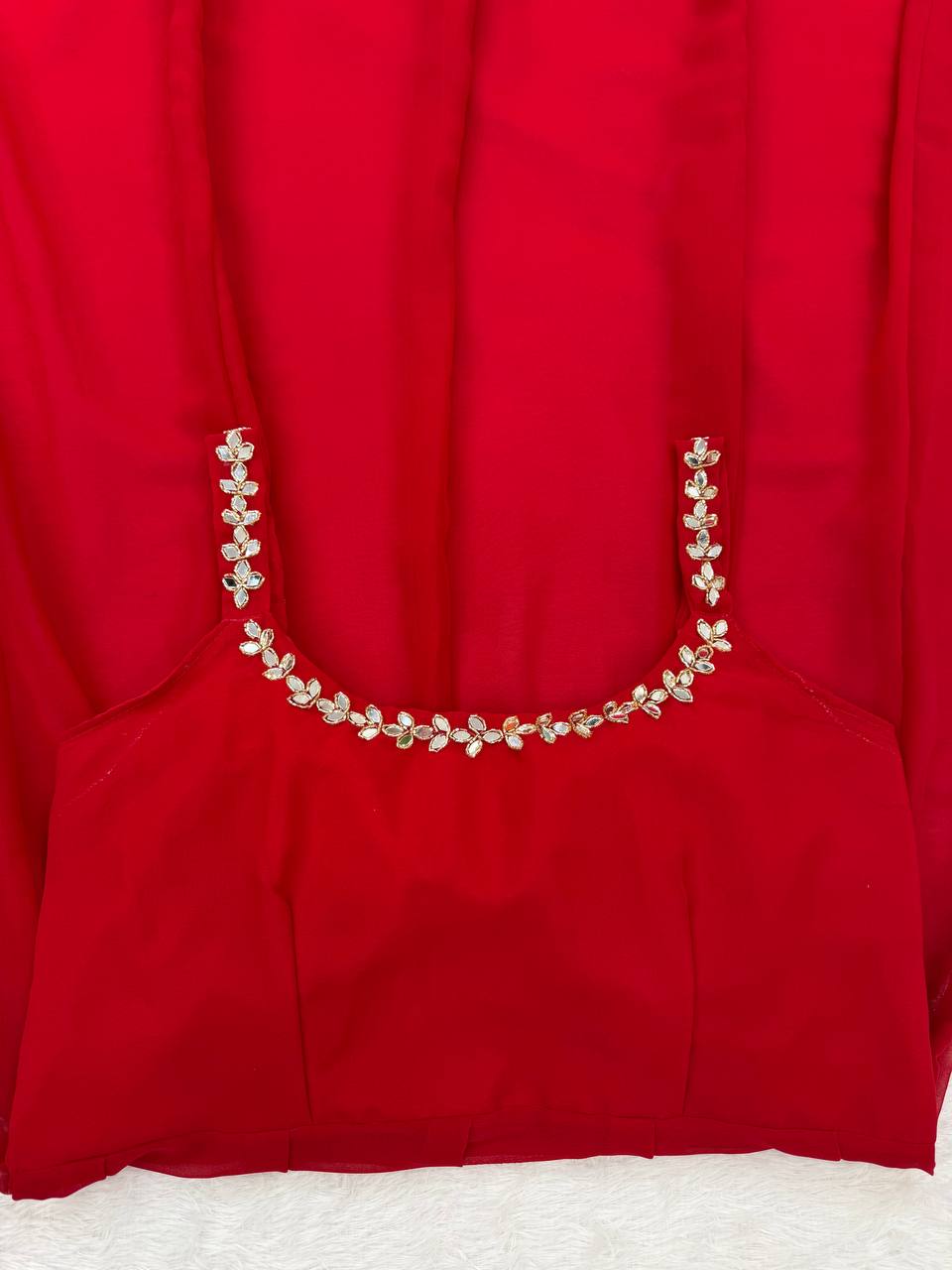 Red Faux Georgette Lace Mirror Work Salwar Suit