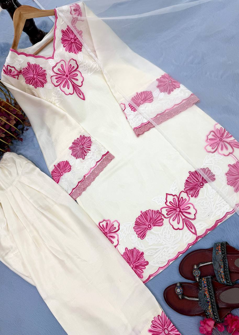 Graceful Pastel Floral Kurta Palazzo Dupatta Set