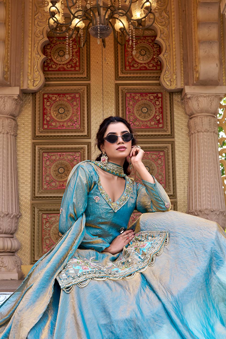 Pink & Blue Pure Fendy Kurti Lehenga with Moti Embroidery & Dupatta Set