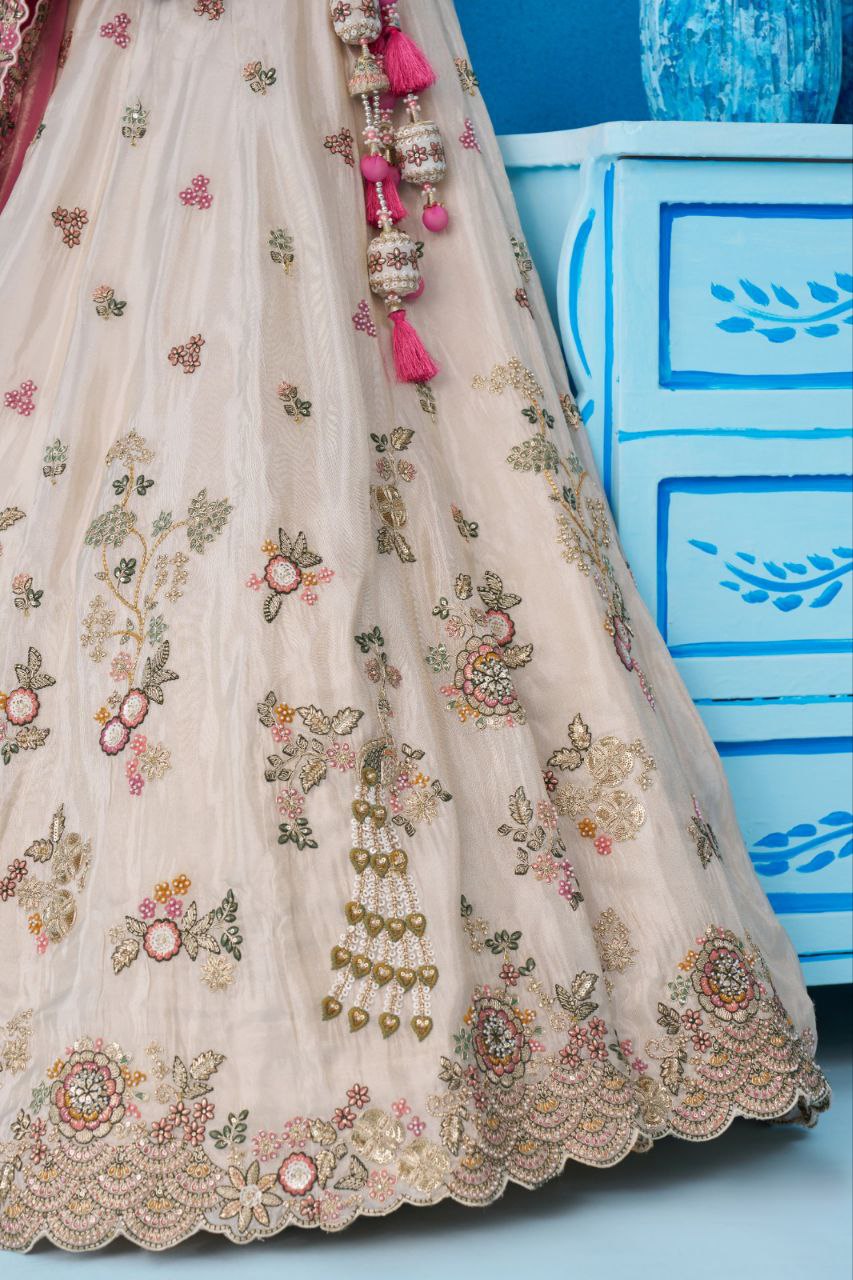 Women's Cream Tissue Sequins Embroidered Lehenga And Blouse With Dupatta