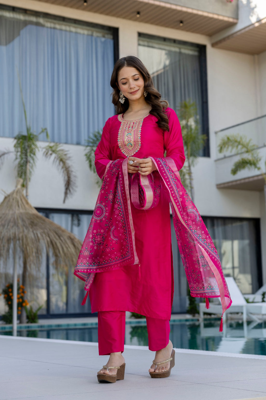 Women Ethnic Motifs Embroidered Regular Thread Work Chanderi Cotton Kurta with Trousers & With Dupatta