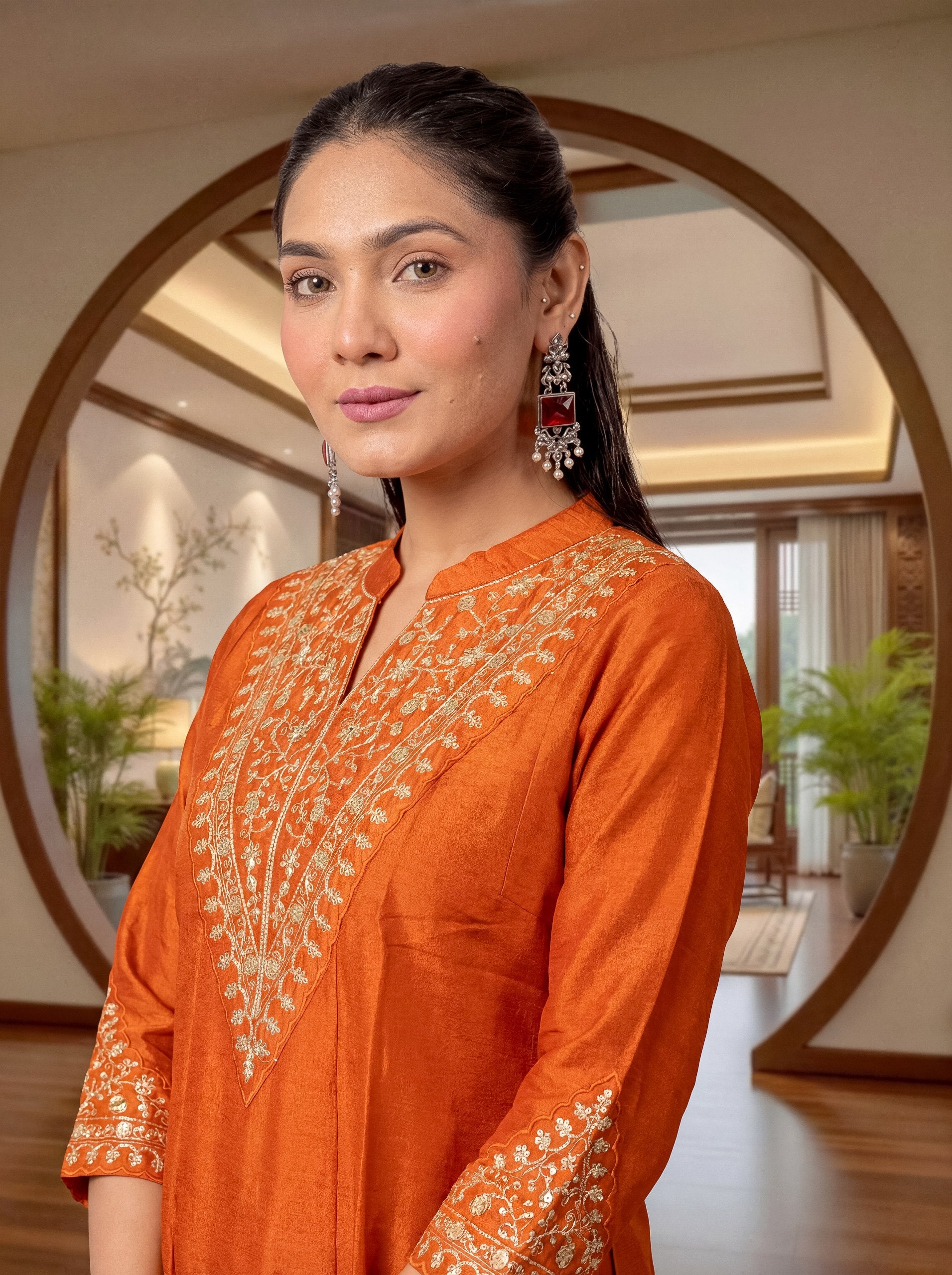 Embroidered Regular Sequinned Chanderi Silk Kurta with Palazzo & Dupatta