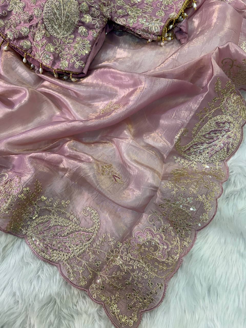 Elegant Crystal Crush Tissue Saree