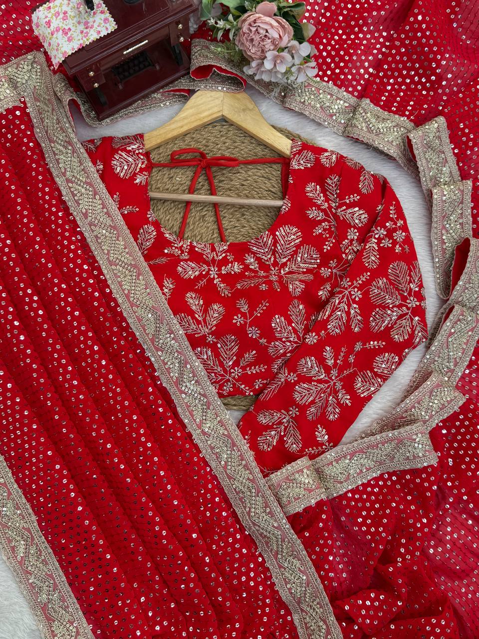 Faux Blooming Georgette Red Saree