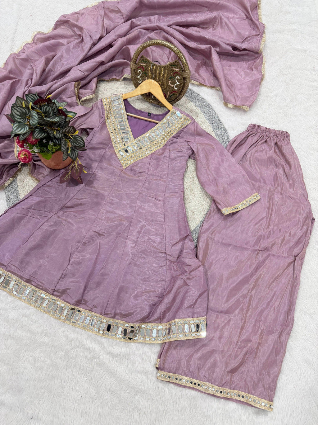 Shimmer Silk Mirror Work 3Pc Designer Kurti Pant Dupatta Set