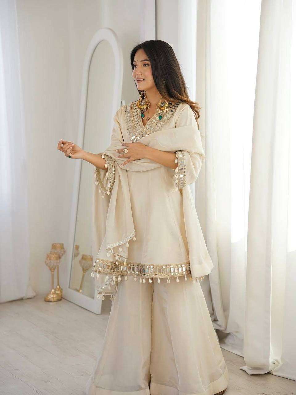 Premium Real Mirror Work Chinon Plazzo Set with Kodi Lace Dupatta for Festive and Party Wear