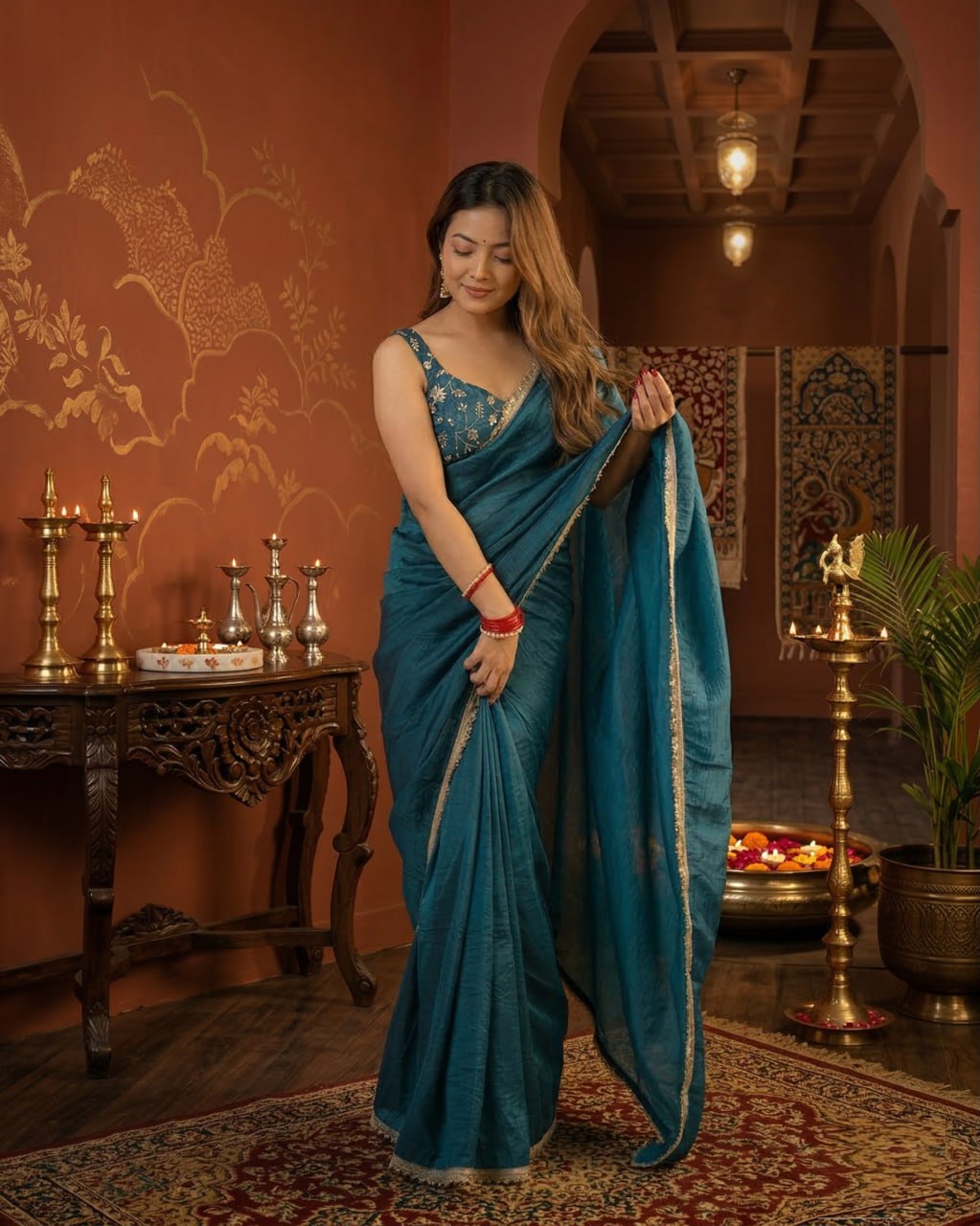 Premium Gold Crush Tissue Silk  Saree with Unstich Blouse 2