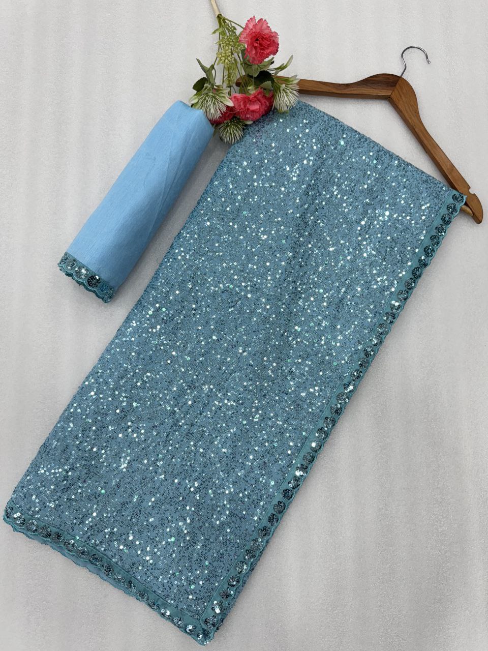 Saree Of FAUX Georgette With Heavy  Khichdi Sequence Embrodery Work