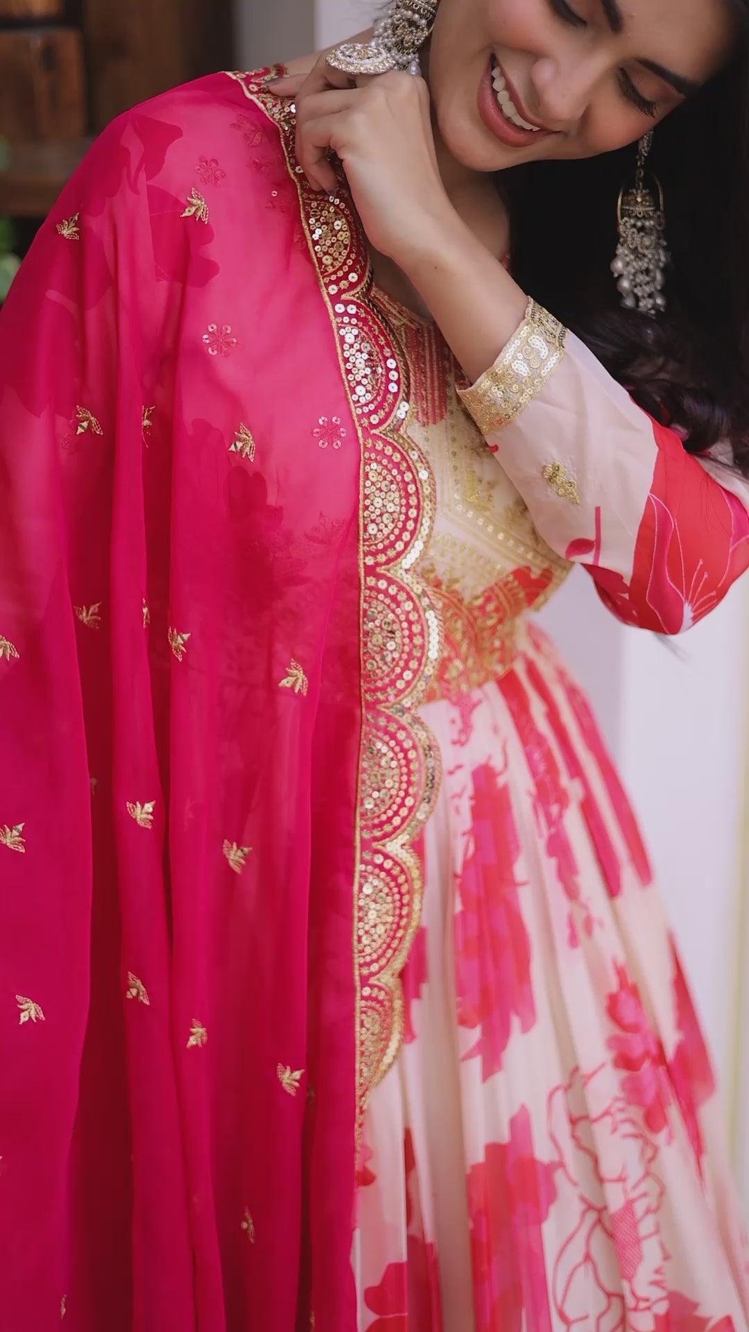 Beautiful Cream Floral Printed Silk Engagement Wear Anarkali Gown