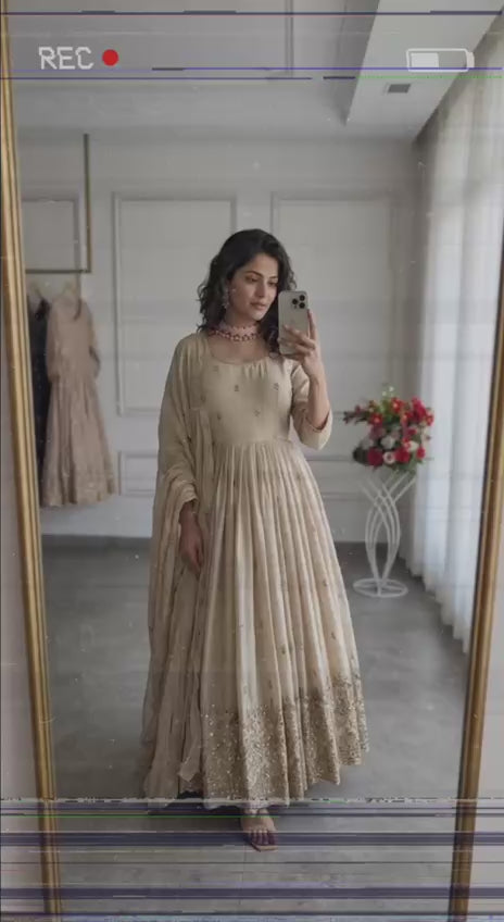 Women's Peach Faux Georgette Stitched Top With Bottom and Dupatta Full Sleeve Embroidered Anarkali Gown