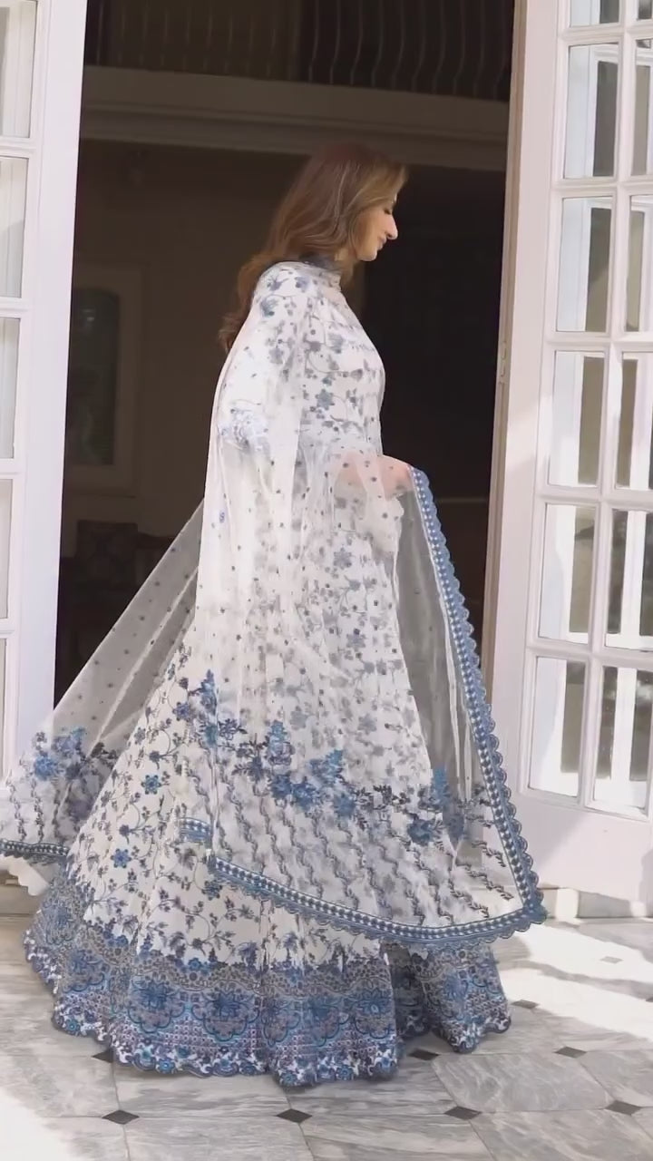 White Georgette & Organza Silk Gown