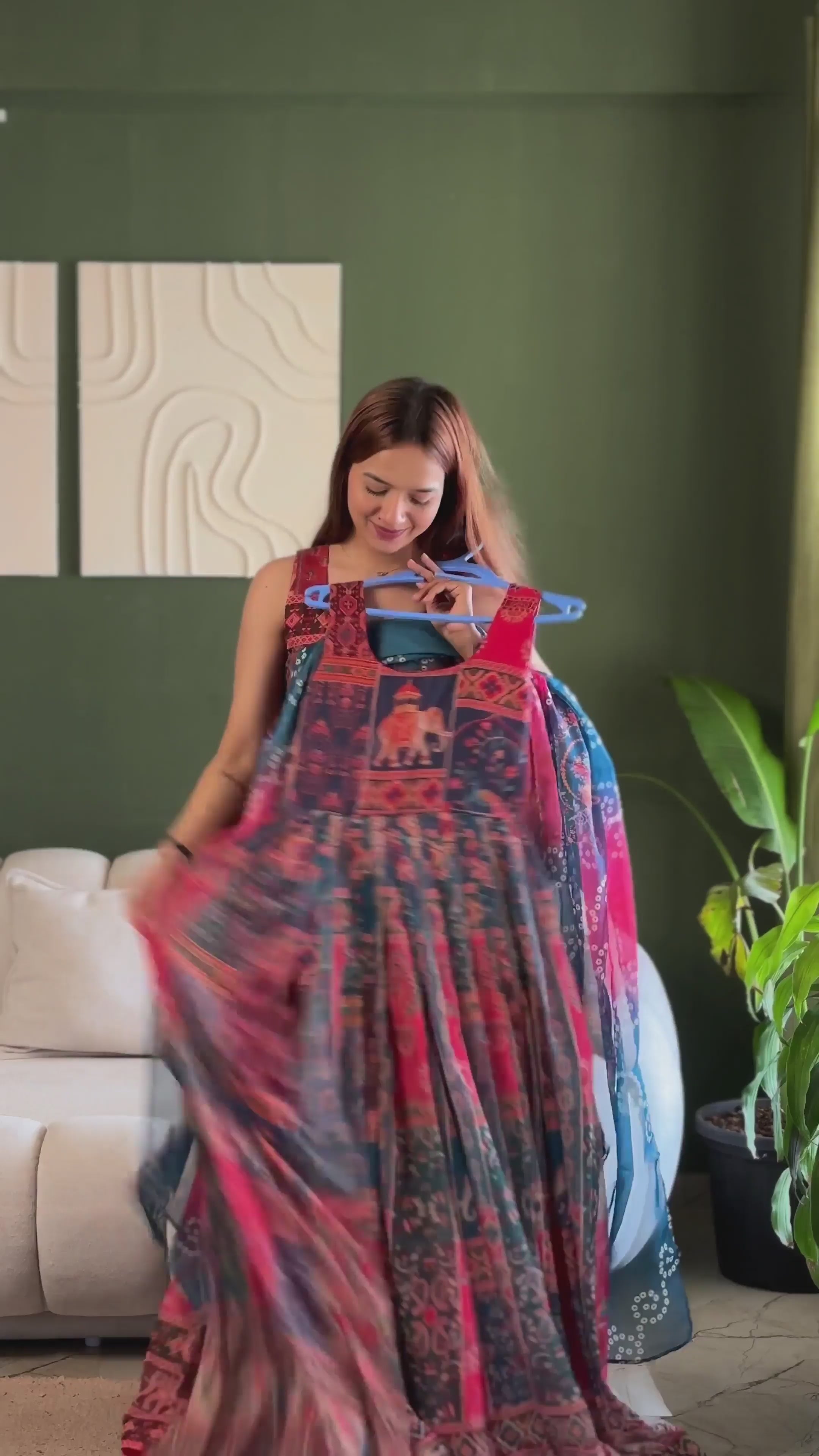 Navy Pink Patola Motif Anarkali Dress, Digital Print Ethnic Maxi with Dupatta