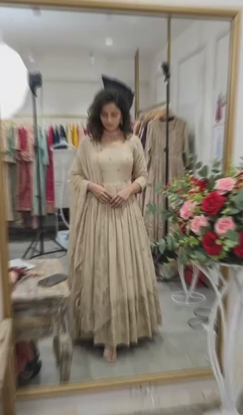 Women's Peach Faux Georgette Stitched Top With Bottom and Dupatta Full Sleeve Embroidered Anarkali Gown